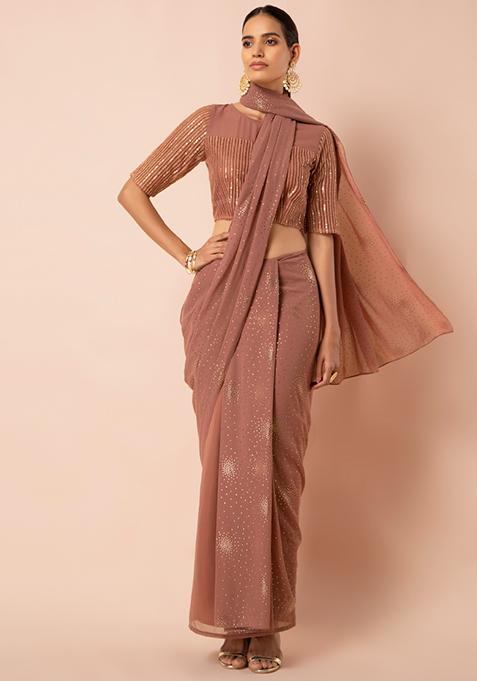 Rose Pink Mukaish Detail Pre-Stitched Saree (Without Blouse)