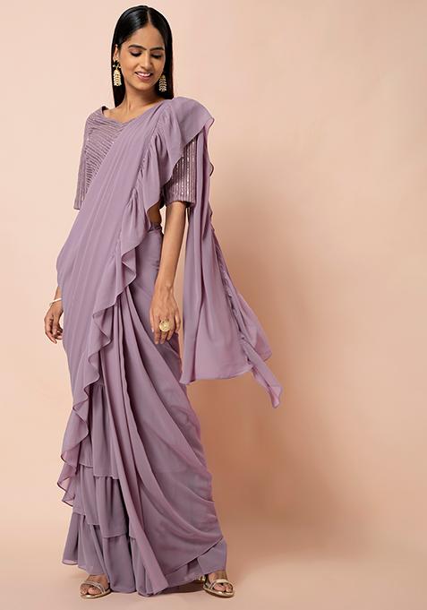 Lavender Ruffled Tiered Pre-Stitched Saree (Without Blouse)