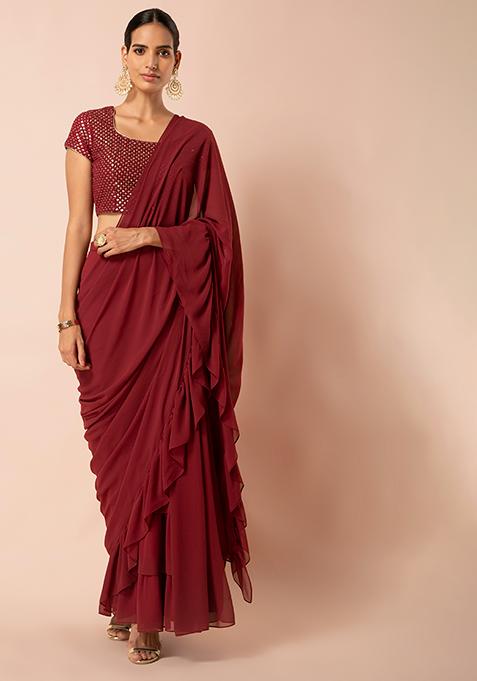 Deep Rust Ruffled Pre-Stitched Saree (Without Blouse)