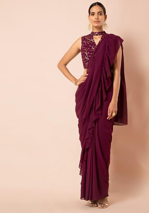 Wine Ruffled Tiered Pre-Stitched Saree (Without Blouse)
