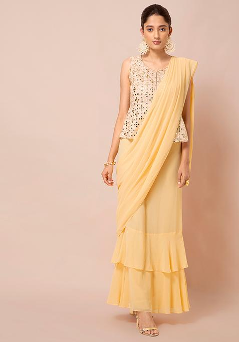 Yellow Ruffled Pre-Stitched Saree (Without Blouse)