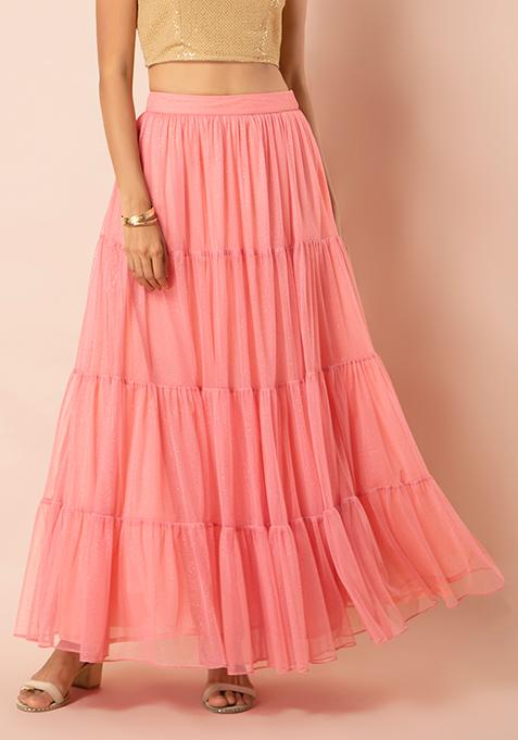 Pink Mesh Glitter Lehenga Skirt