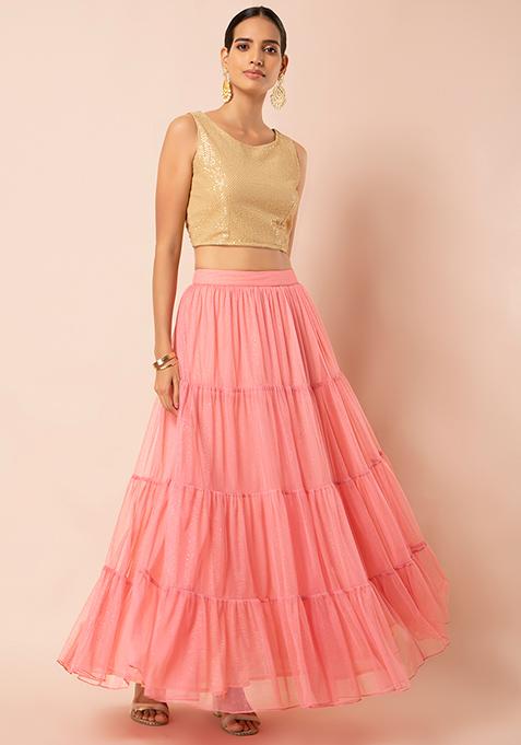 Buy Women Pink Mesh Glitter Lehenga Skirt - Lehengas & Sarees - Indya
