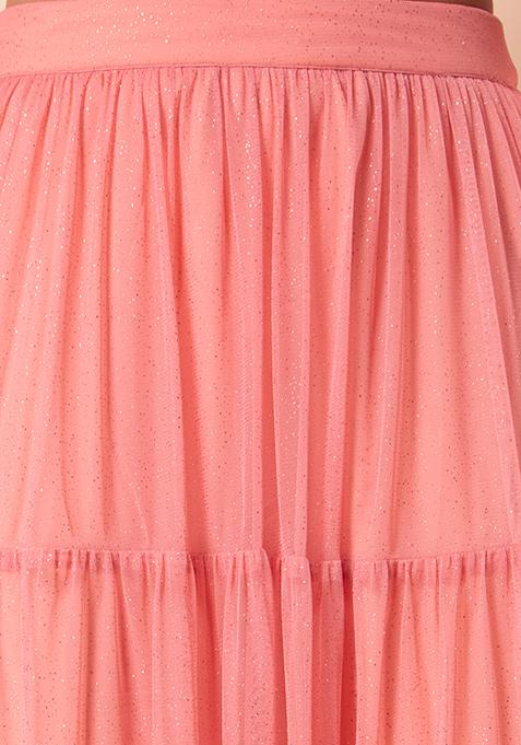 Buy Women Pink Mesh Glitter Lehenga Skirt - Lehenga & Skirt - Indya