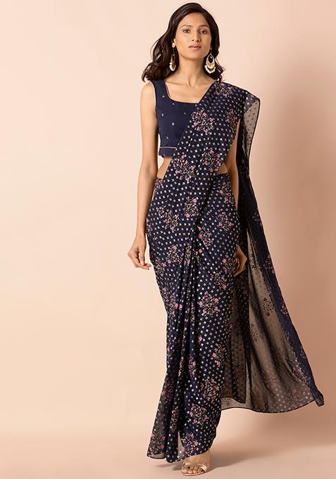 Navy Floral Foil Pre-Stitched Saree (Without Blouse)