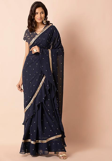 Navy Mukaish Foil Ruffled Pre-Stitched Saree (Without Blouse)