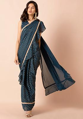 Teal Boota Foil Ruffled Pre-Stitched Saree (Without Blouse)