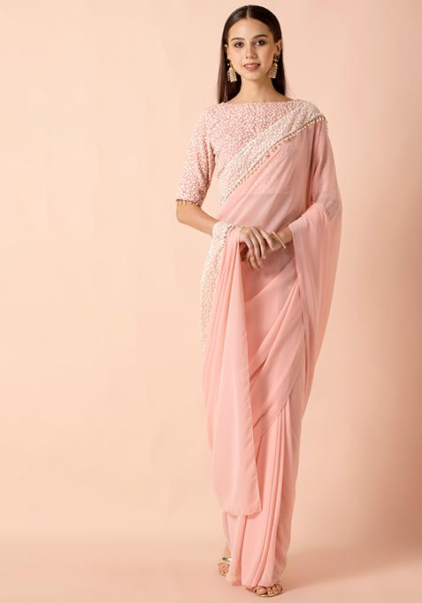 Pink Embroidered Border Pre-Stitched Saree