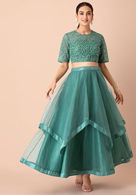 Buy Online Traditional Mehendi  Sea Green Color Long Skirt And Kurti   Lady India