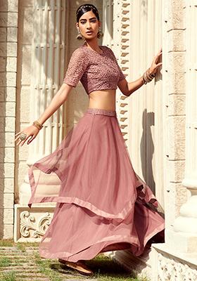Dusty Pink Mirror Belted High Low Lehenga Skirt