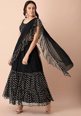 Black Polka Foil Skirt with Attached Dupatta 