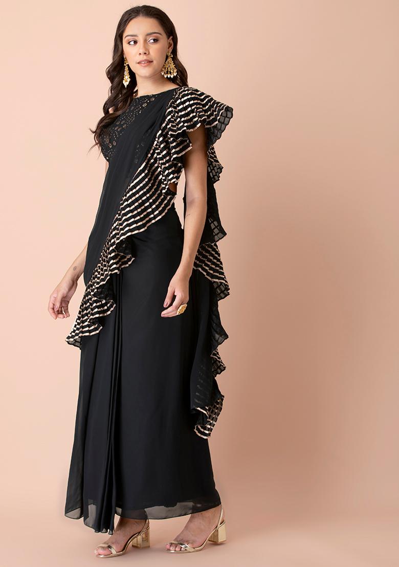 Black Gota Lace Ruffled Pre-Stitched Saree (Without Blouse) - Indya