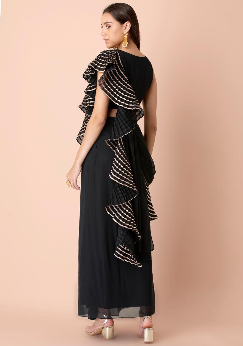 Black Gota Lace Ruffled Pre-Stitched Saree (Without Blouse) - Indya