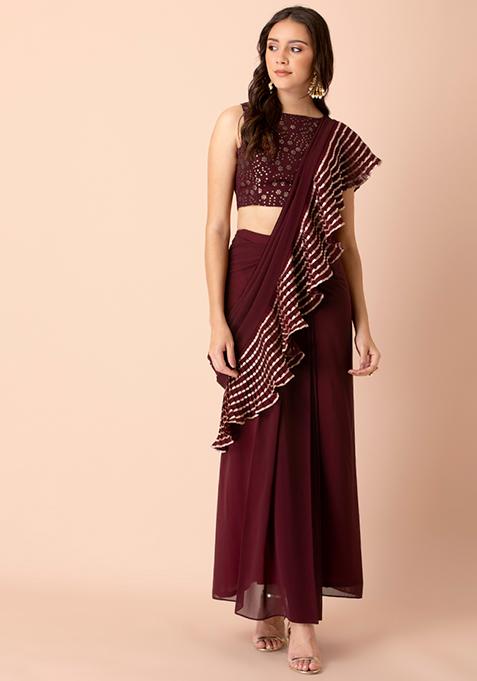 Burgundy Gota Lace Ruffled Pre-Stitched Saree (Without Blouse)