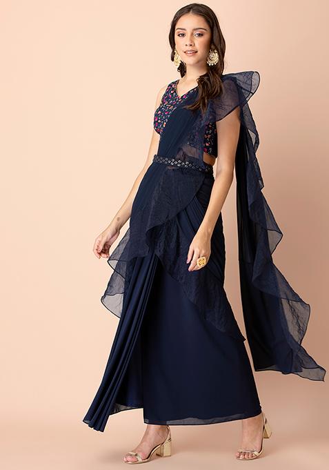 Navy Georgette Organza Ruffled Ready To Wear Saree (Without Blouse)