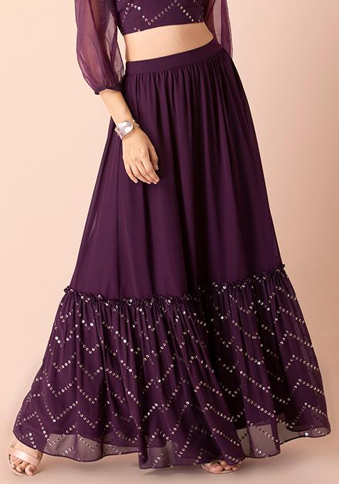 Purple Embroidered Ruffled Lehenga Skirt