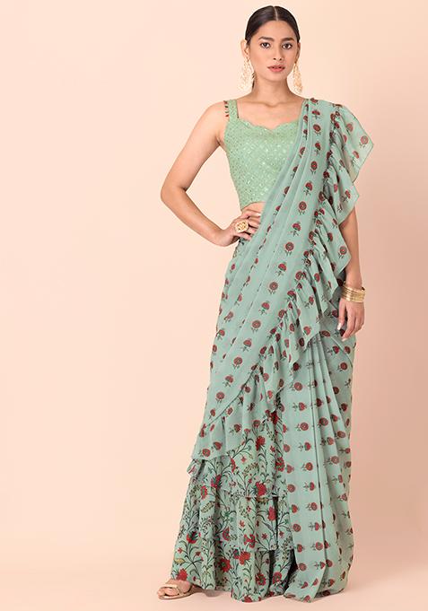 Mint Floral Ruffled Pre-Stitched Saree (Without Blouse)
