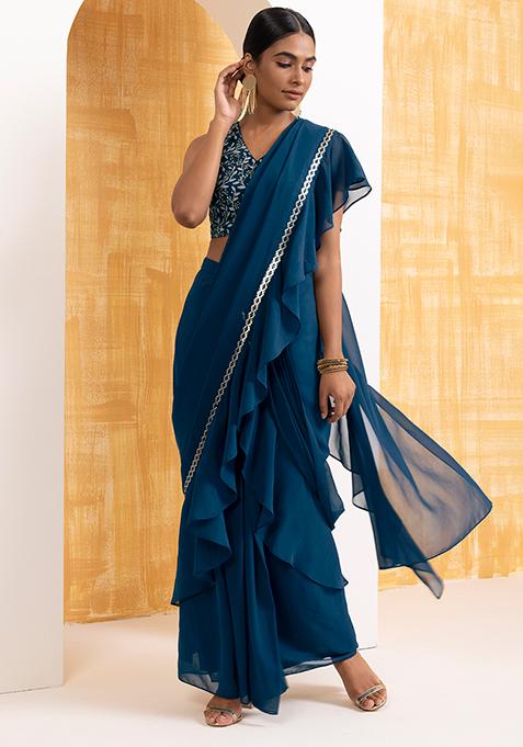 Teal Ruffled Pre-Stitched Saree (Without Blouse)