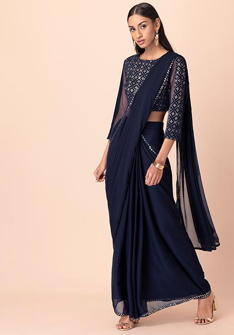 Navy Chiffon Pre-Stitched Saree