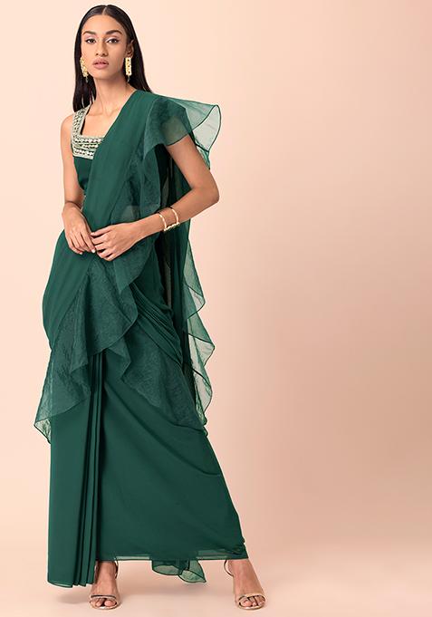 Green Organza Saree Skirt (Without Blouse)