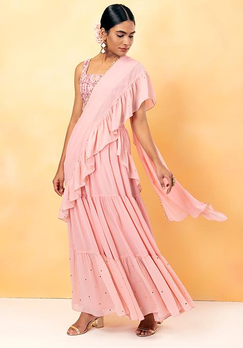 Pink Foil Skirt with Attached Ruffled Dupatta  
