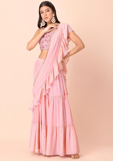 Buy Women Pink Foil Skirt With Attached Ruffled Dupatta - Lehenga ...