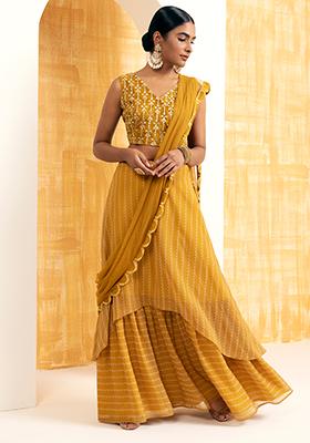 Yellow Bandhani Printed Lehenga Skirt with Attached Dupatta