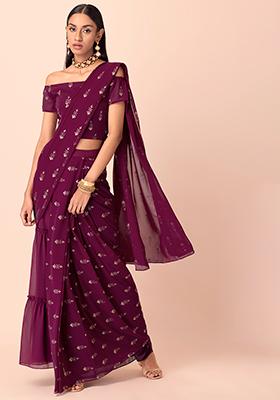 Wine Floral Foil Ruffled Pre-Stitched Saree