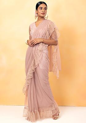 Blush Mesh Foil Ruffled Pre-Stitched Saree (Without Blouse)