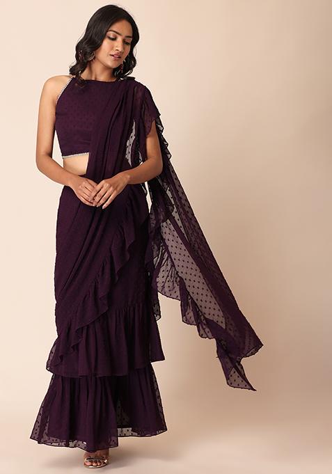 Sangria Swiss Dot Ruffled Pre-Stitched Saree (Without Blouse)