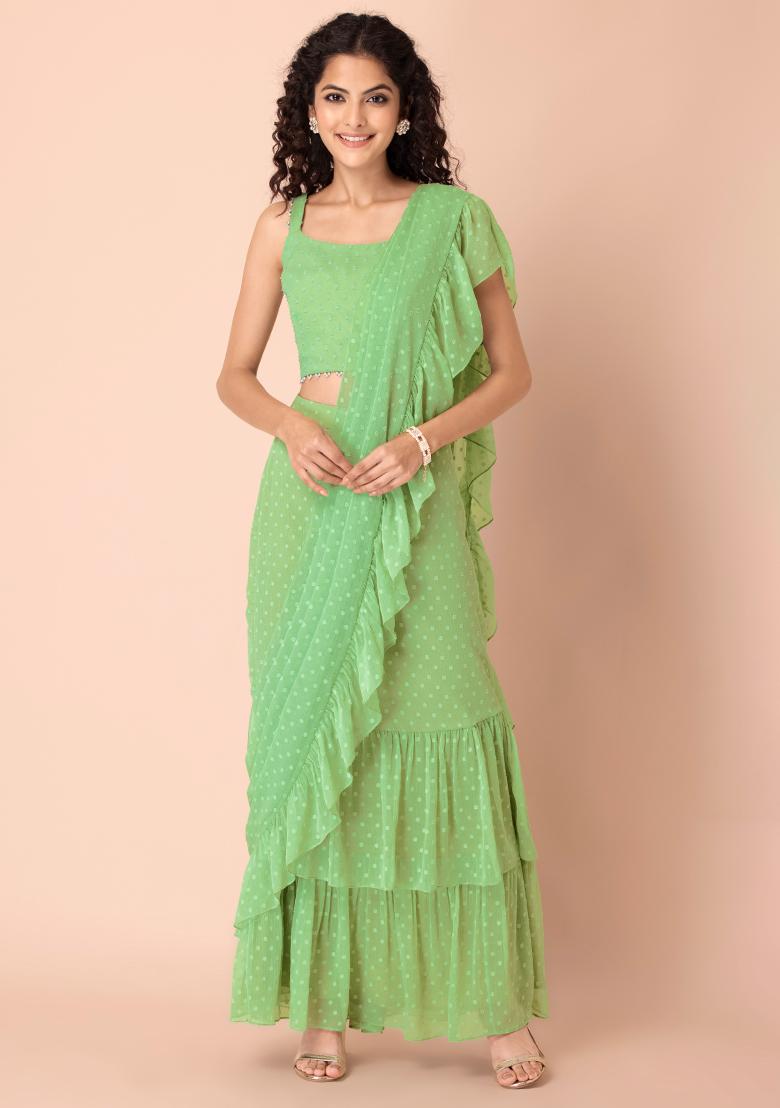 Polka Green Ruffle Cotton Saree