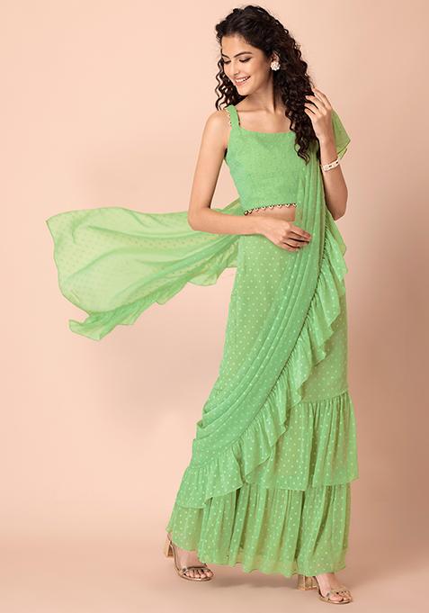 Green Swiss Dot Ruffled Pre-Stitched Saree (Without Blouse)