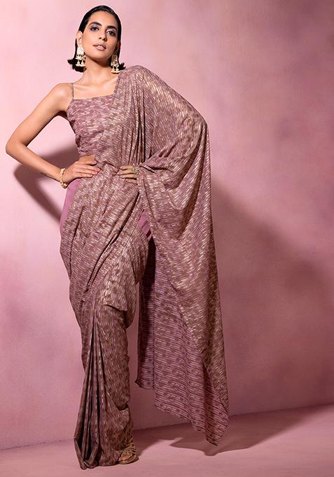 Dull Pink Striped Foil Pre-Stitched Saree (Without Blouse)