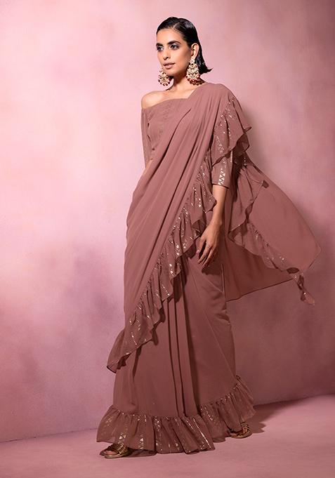 Dusty Pink Foil Print Ruffled Pre-Stitched Saree (Without Blouse)
