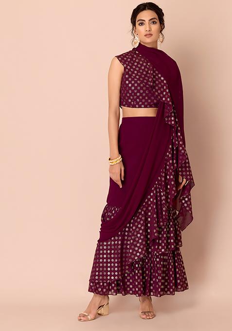 Wine Star Foil Ruffled Pre-Stitched Saree (Without Blouse)