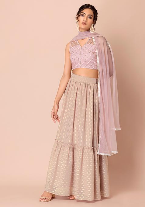 Blush Pink Embroidered Foil Ruffled Lehenga Skirt