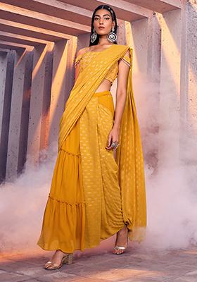 Yellow Foil Pleated Belted Pre-Stitched Saree