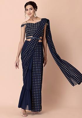 Navy Foil Pleated Belted Pre-Stitched Saree