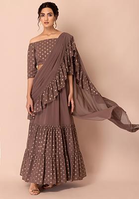 Dusty Pink Tribal Foil Ruffled Pre-Stitched Saree