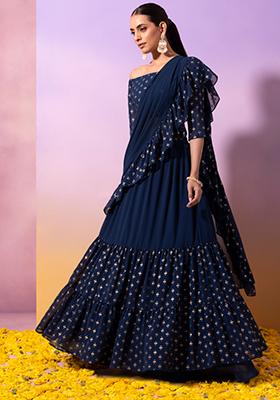 Teal Tribal Foil Ruffled Pre-Stitched Saree