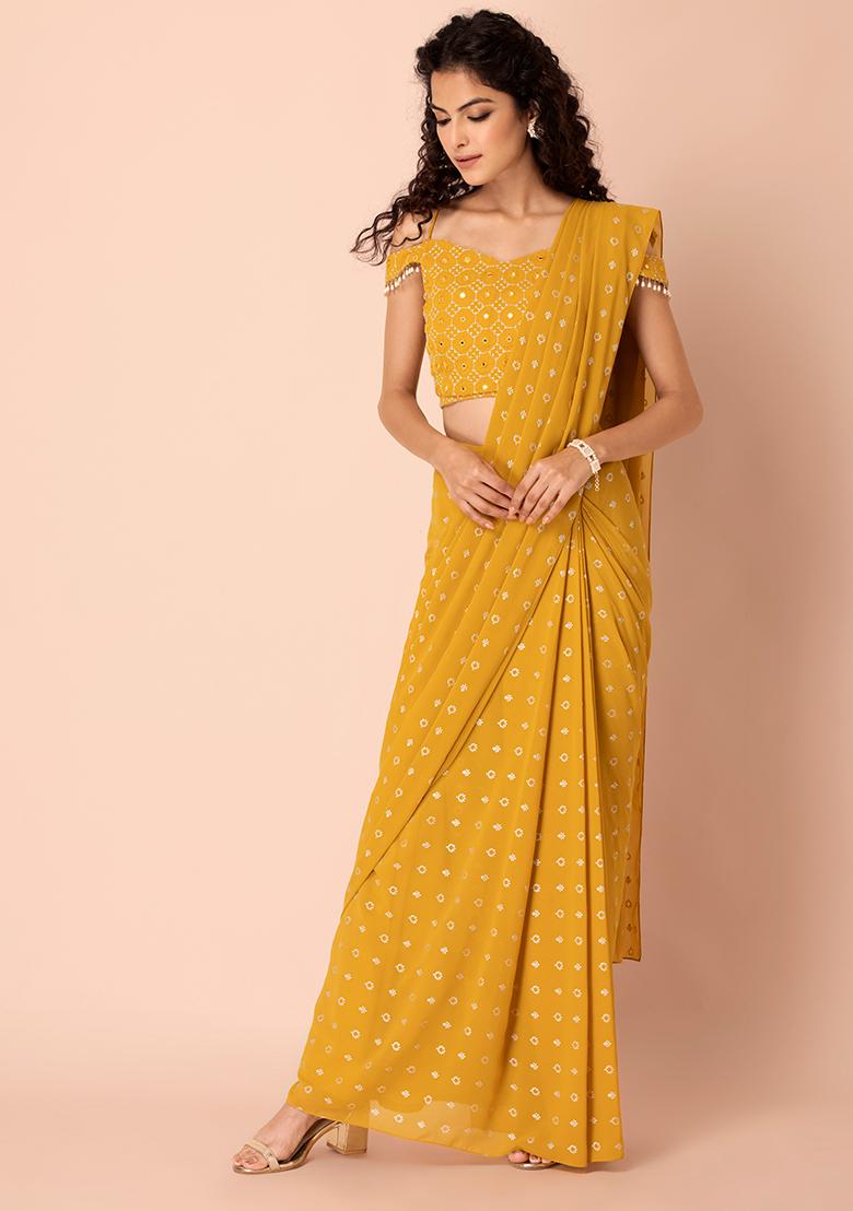 Yellow Boota Foil Pre-Stitched Saree (Without Blouse)