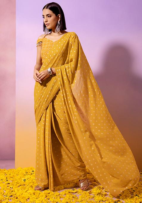 Yellow Boota Foil Pre-Stitched Saree (Without Blouse)