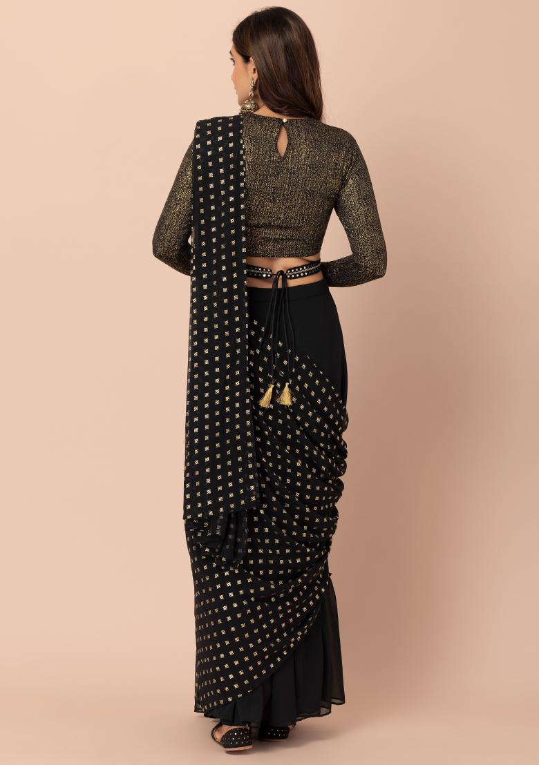 Buy Women Black Boota Foil Print Pre-Stitched Saree With Belt (Without  Blouse) - Feed-Sarees - Indya