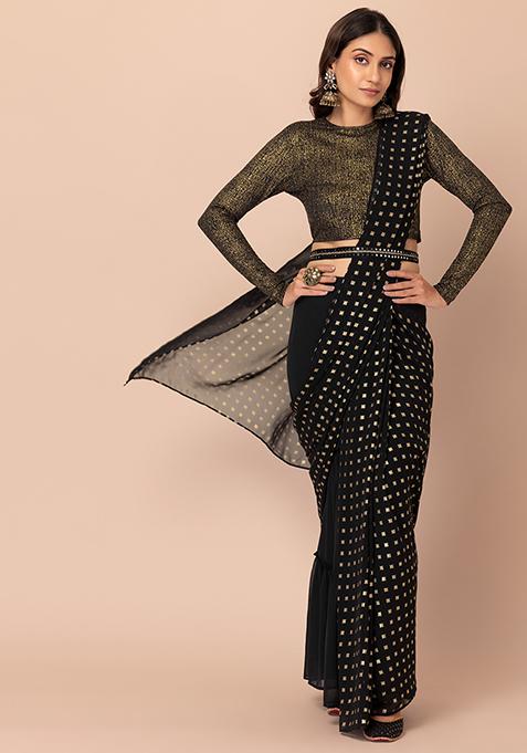 Black Boota Foil Print Pre-Stitched Saree With Belt (Without Blouse)