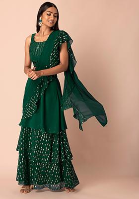 Emerald Foil Layered Ruffled Saree Skirt