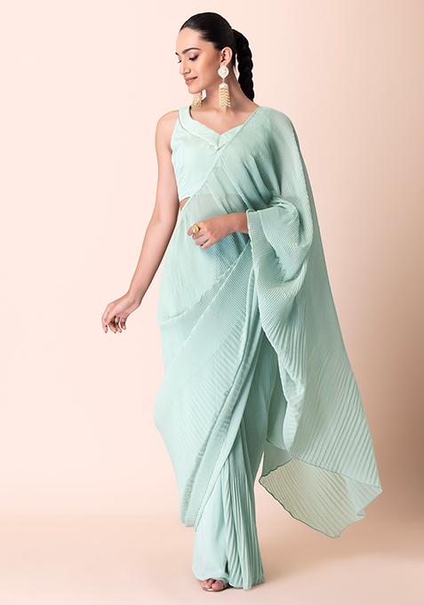 Light Green Pleated Pre-Stitched Saree (Without Blouse)