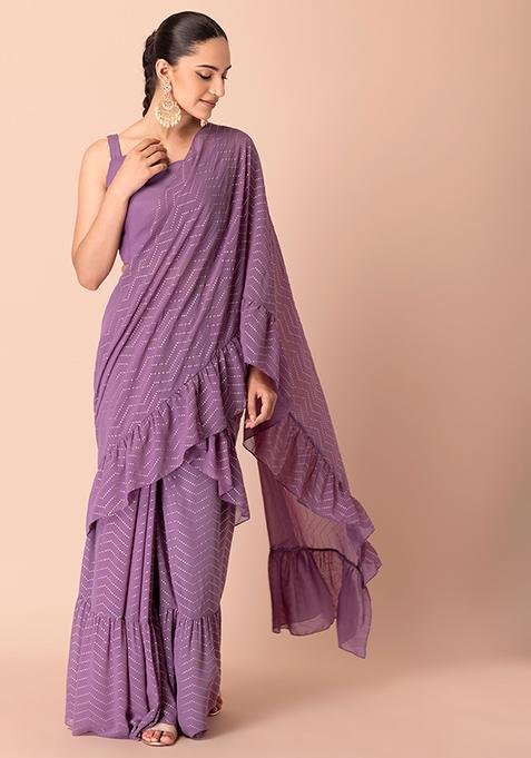 Lilac Foil Print Ruffled Pre-Stitched Saree (Without Blouse)