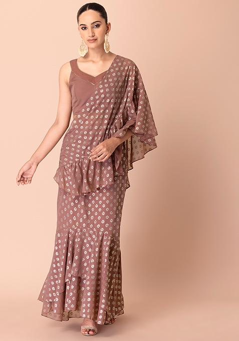 Dusty Pink Foil Print High Low Pre-Stitched Saree (Without Blouse)