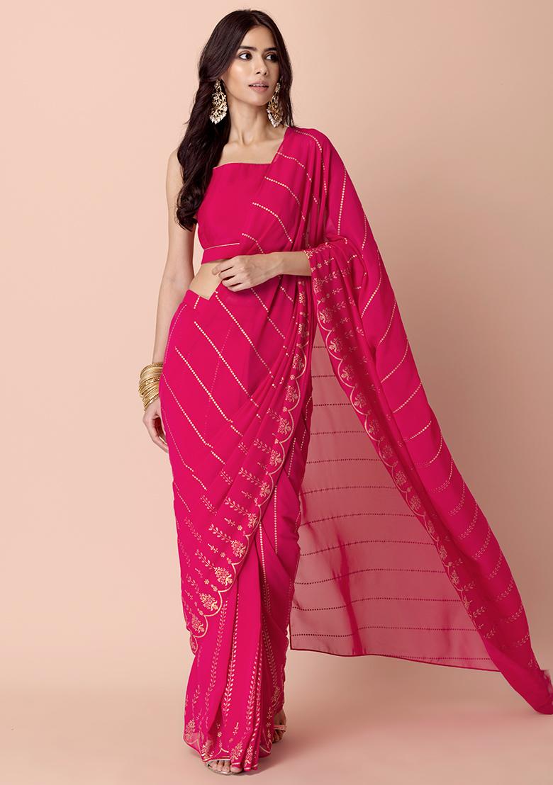 Buy Women Hot Pink Scallop Printed Pre-Stitched Saree - Lehengas ...