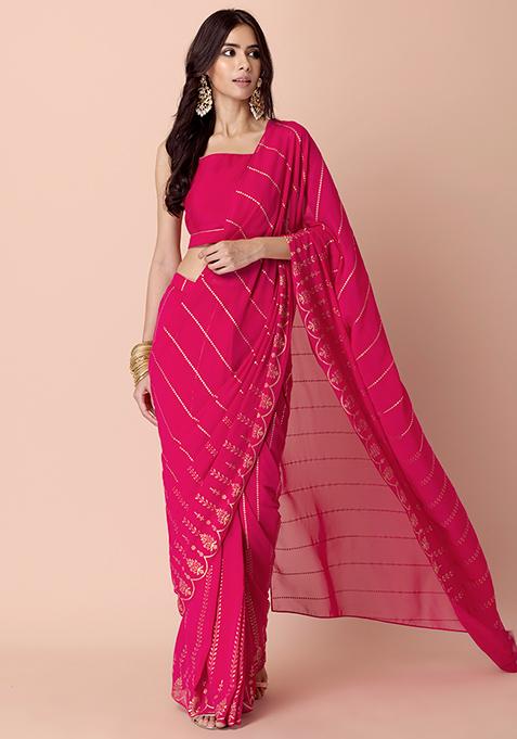 Hot Pink Scallop Printed Pre-Stitched Saree (Without Blouse)
